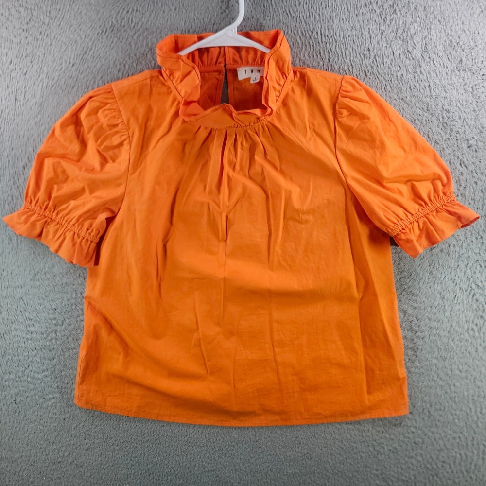 THML Womens Orange Ruffle High Neck Puff Sleeve Blouse Size S